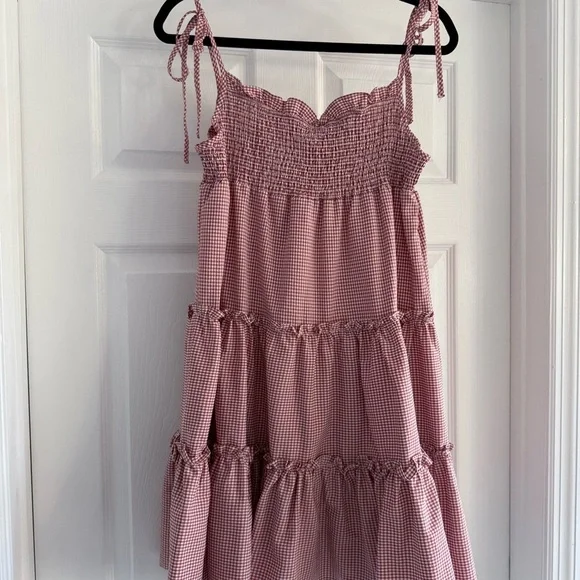 STORIA Gingham Smocked Tiered Mini Dress Cottagecore Summer S - Picture 2 of 7